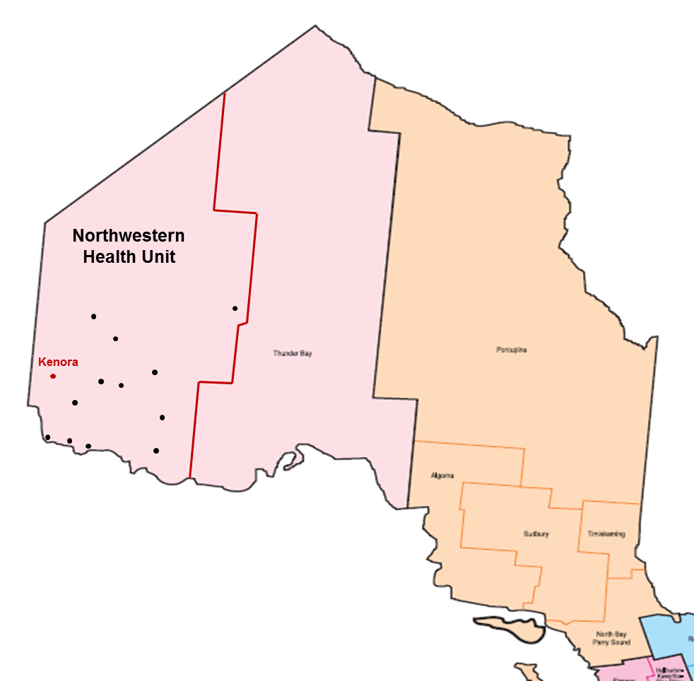 This is an image of a map of Ontario that highlights the catchment area of the Northwestern Health Unit.